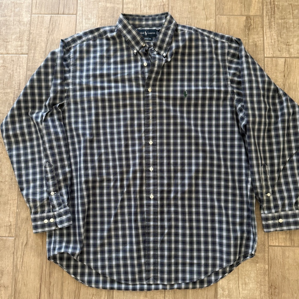 Ralph‎ Lauren Classic Fit Mens Plaid Button Down Shirt Navy Blue White 17.5 XL